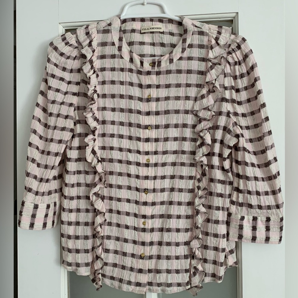 Ulla Johnson Gingham Check White Pink Brown Gauze Ruffled Button Up Blouse